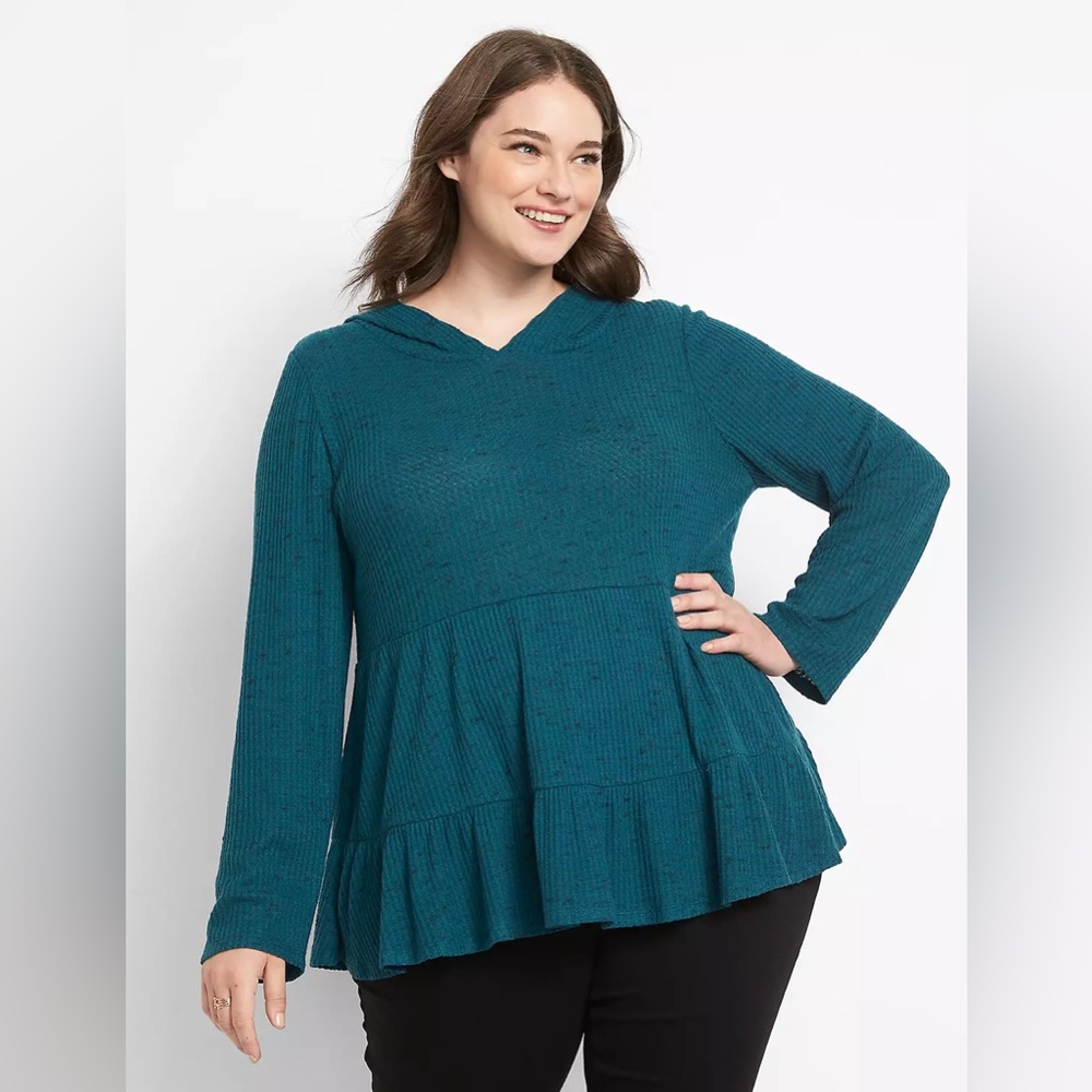 Lane Bryant Teal Waffle Knit Hooded Swing Top